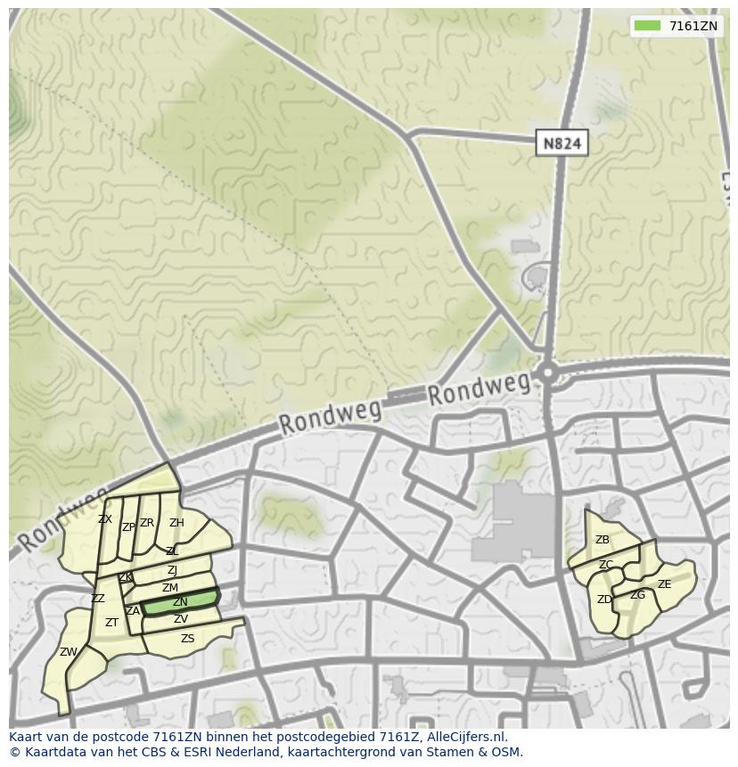 Afbeelding van het postcodegebied 7161 ZN op de kaart.
