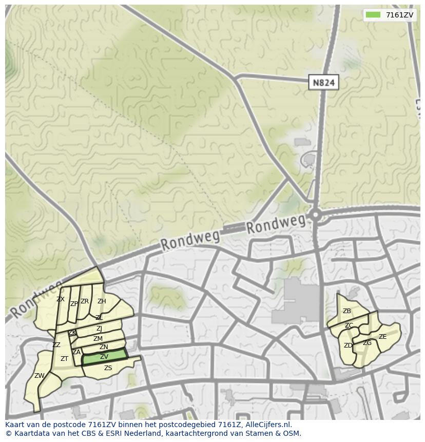 Afbeelding van het postcodegebied 7161 ZV op de kaart.