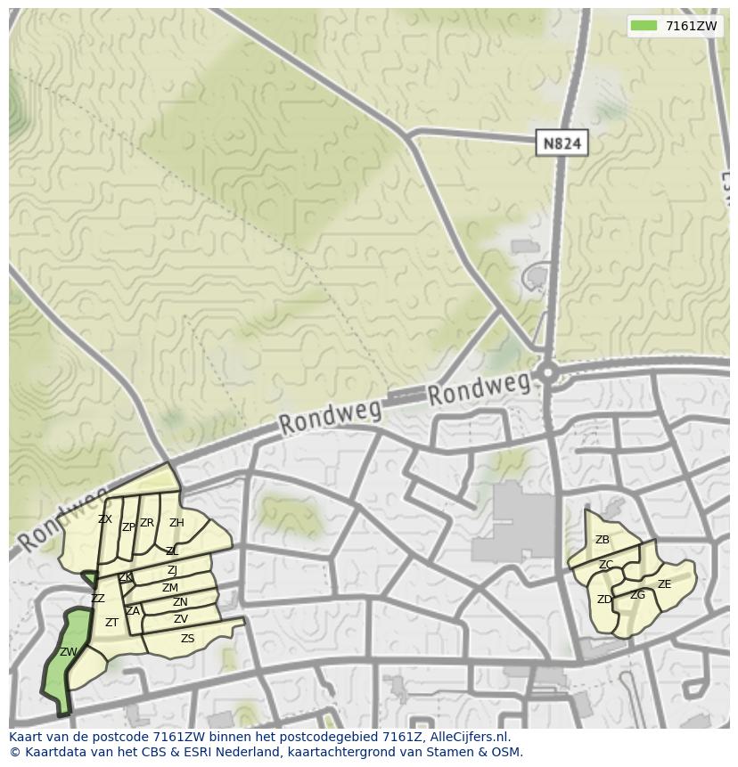 Afbeelding van het postcodegebied 7161 ZW op de kaart.