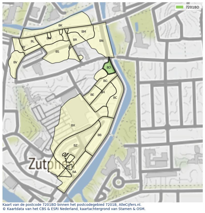 Afbeelding van het postcodegebied 7201 BD op de kaart.
