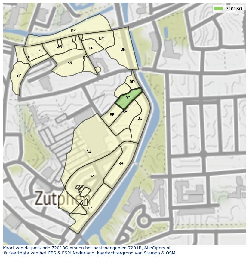 Afbeelding van het postcodegebied 7201 BG op de kaart.