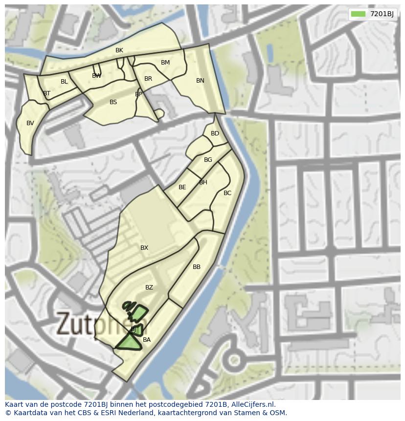 Afbeelding van het postcodegebied 7201 BJ op de kaart.