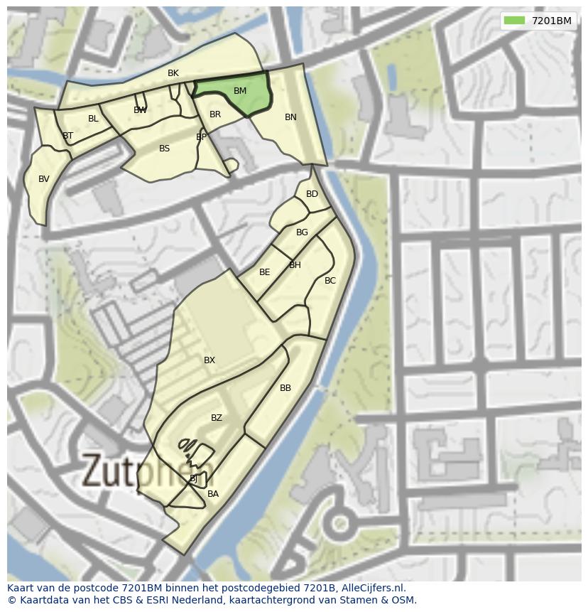 Afbeelding van het postcodegebied 7201 BM op de kaart.