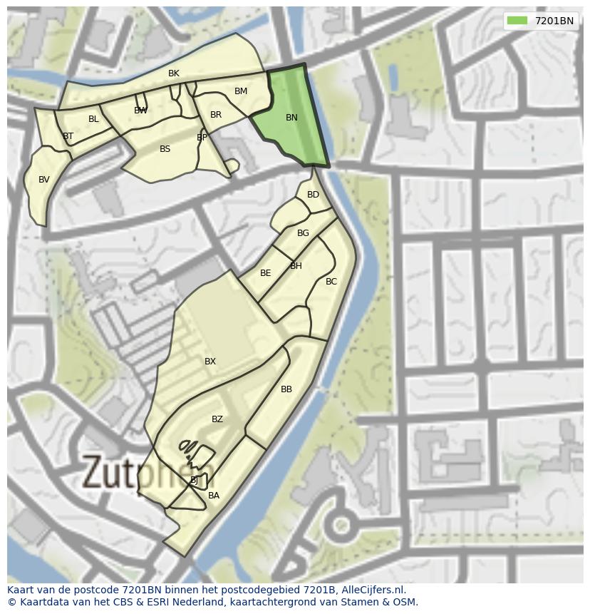 Afbeelding van het postcodegebied 7201 BN op de kaart.