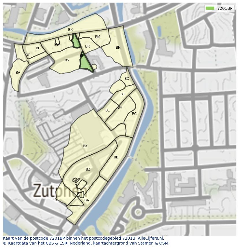 Afbeelding van het postcodegebied 7201 BP op de kaart.