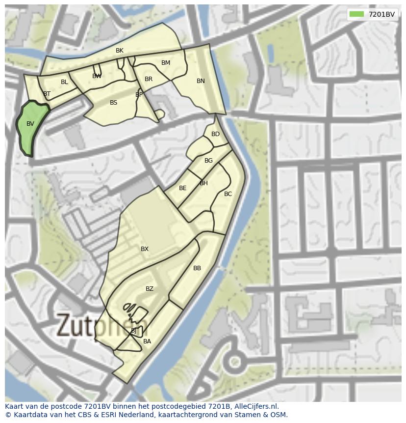 Afbeelding van het postcodegebied 7201 BV op de kaart.