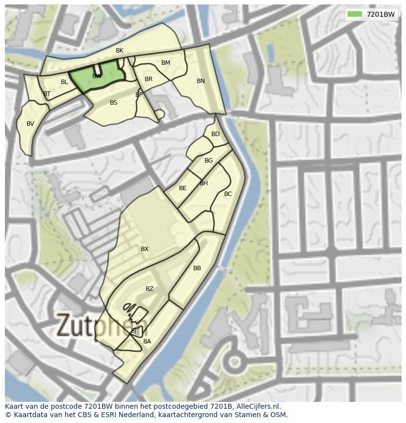 Afbeelding van het postcodegebied 7201 BW op de kaart.
