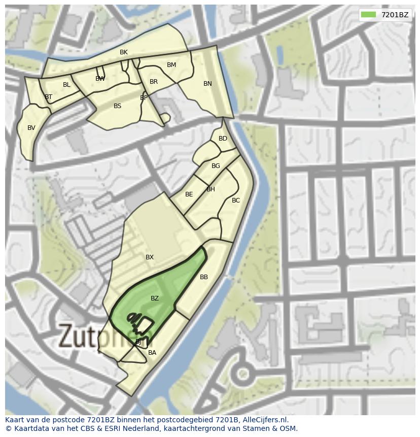 Afbeelding van het postcodegebied 7201 BZ op de kaart.