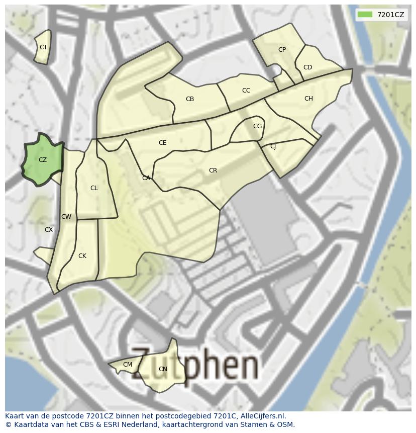 Afbeelding van het postcodegebied 7201 CZ op de kaart.