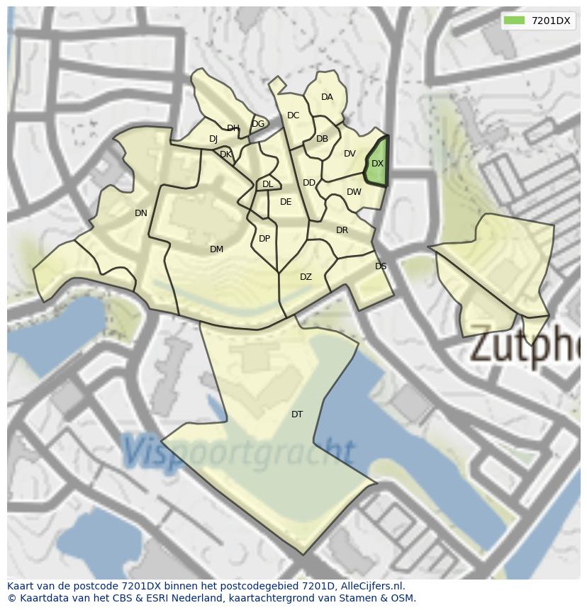 Afbeelding van het postcodegebied 7201 DX op de kaart.