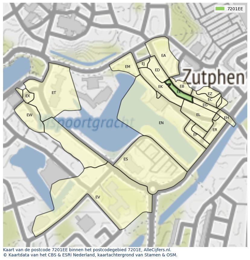 Afbeelding van het postcodegebied 7201 EE op de kaart.