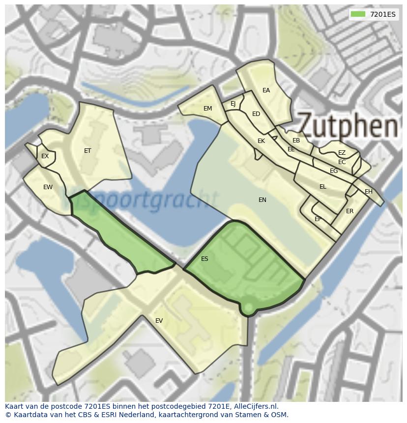 Afbeelding van het postcodegebied 7201 ES op de kaart.