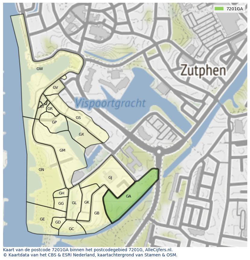Afbeelding van het postcodegebied 7201 GA op de kaart.