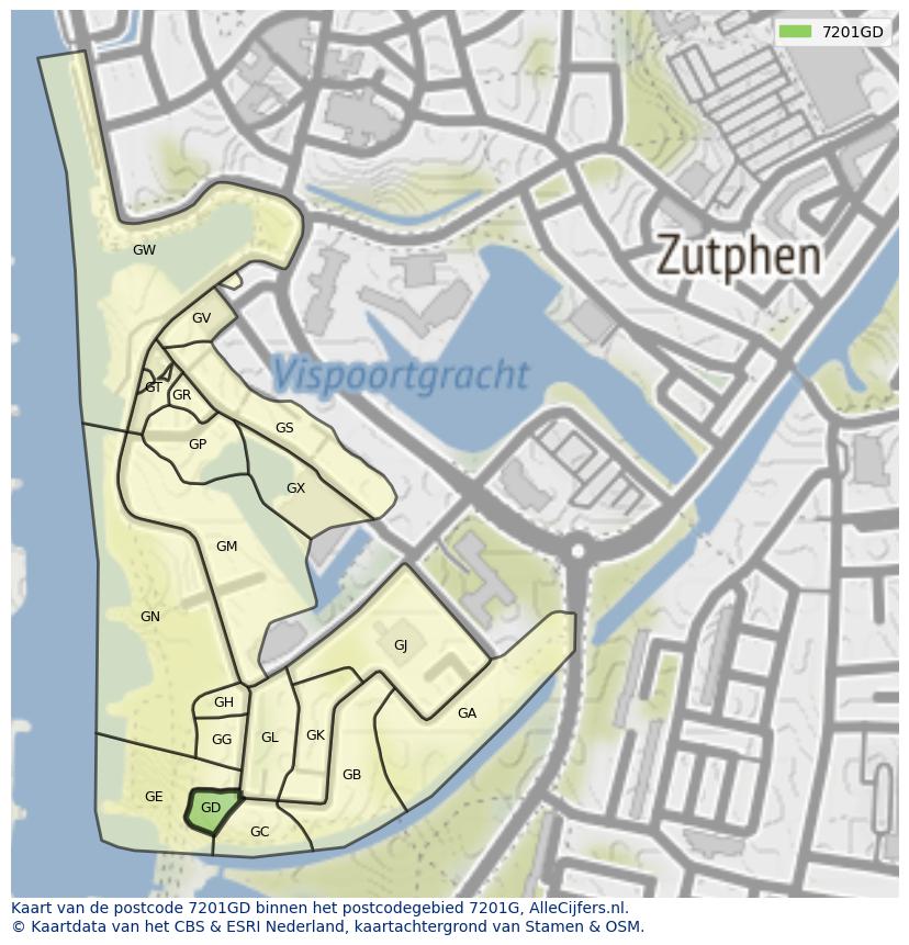 Afbeelding van het postcodegebied 7201 GD op de kaart.