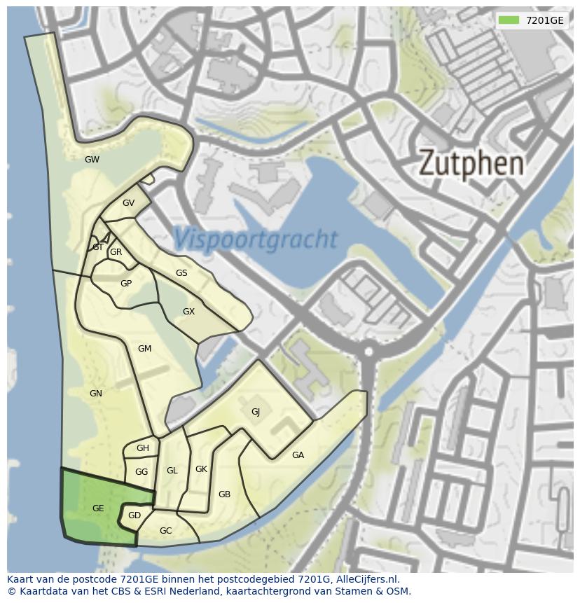Afbeelding van het postcodegebied 7201 GE op de kaart.