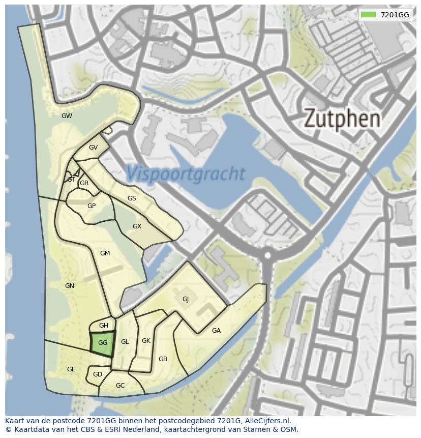 Afbeelding van het postcodegebied 7201 GG op de kaart.