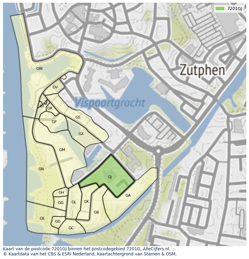 Afbeelding van het postcodegebied 7201 GJ op de kaart.