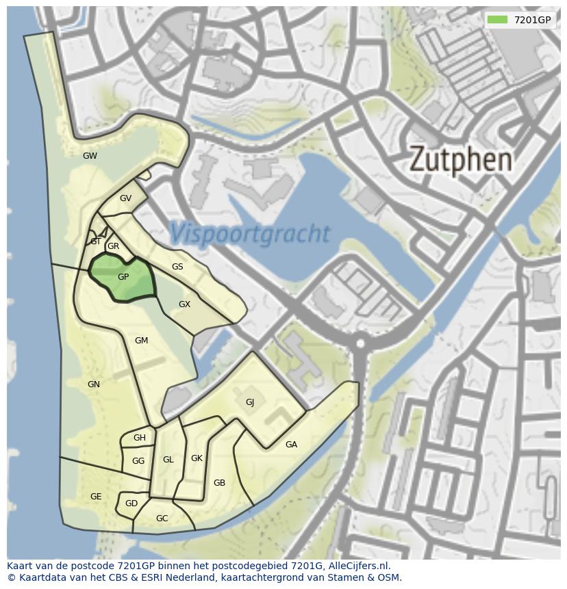 Afbeelding van het postcodegebied 7201 GP op de kaart.
