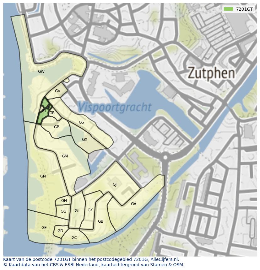 Afbeelding van het postcodegebied 7201 GT op de kaart.