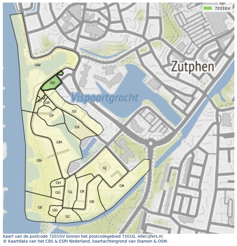 Afbeelding van het postcodegebied 7201 GV op de kaart.