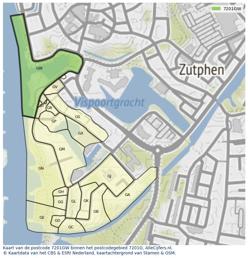 Afbeelding van het postcodegebied 7201 GW op de kaart.