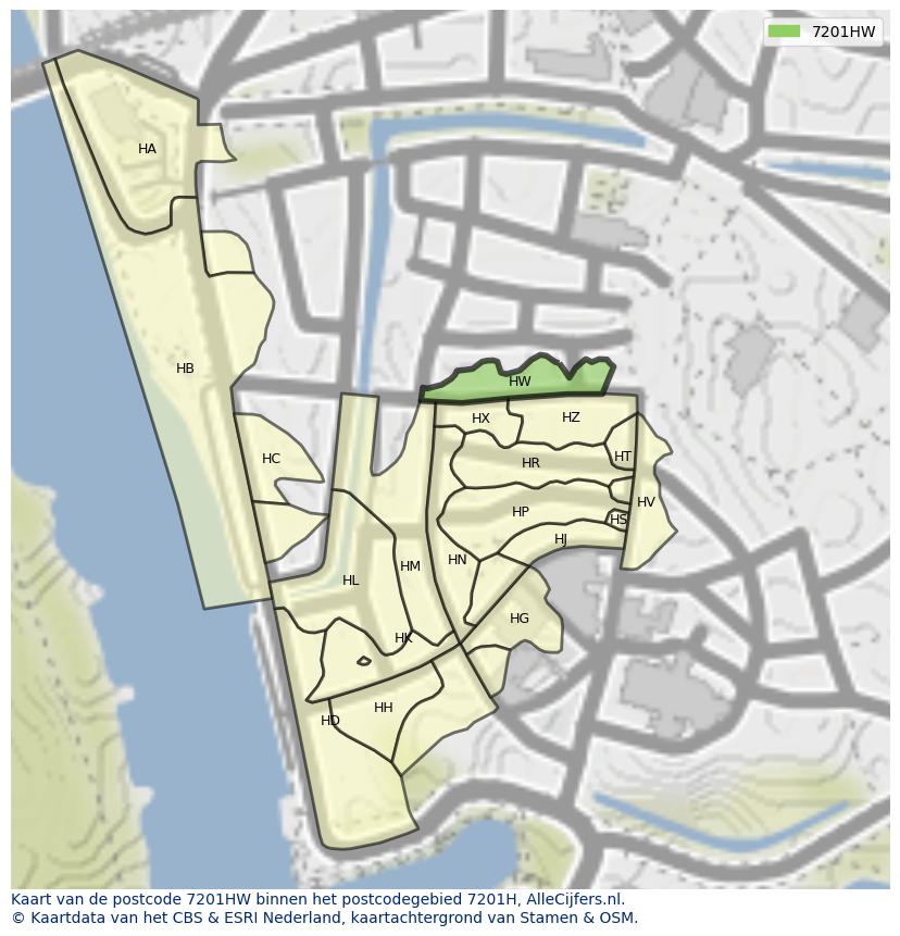 Afbeelding van het postcodegebied 7201 HW op de kaart.
