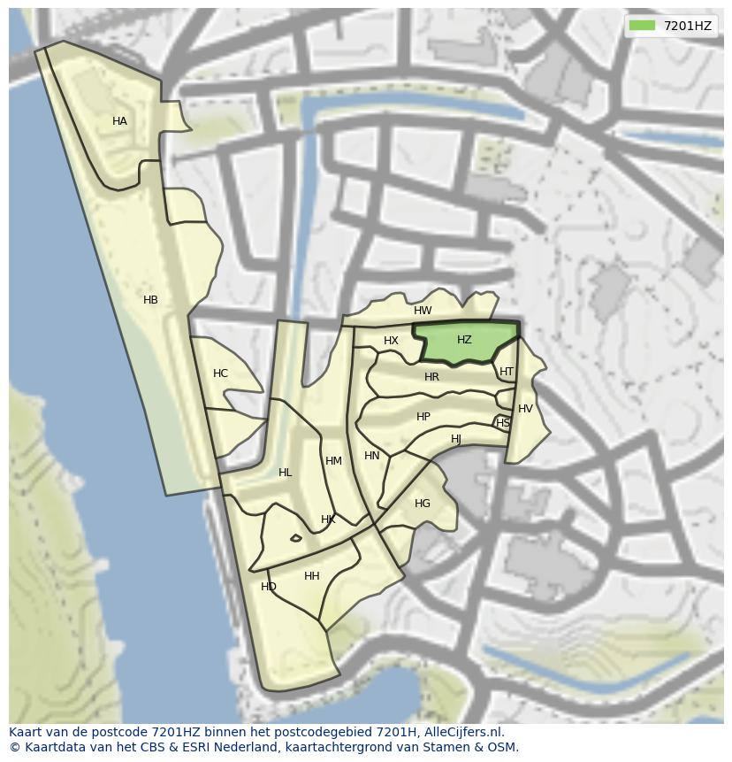 Afbeelding van het postcodegebied 7201 HZ op de kaart.