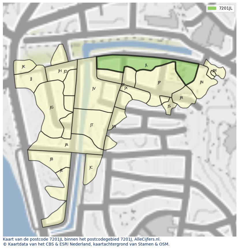 Afbeelding van het postcodegebied 7201 JL op de kaart.