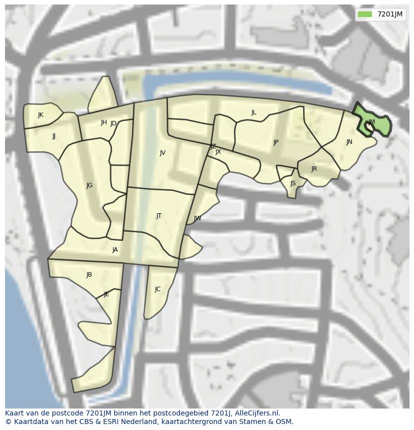 Afbeelding van het postcodegebied 7201 JM op de kaart.