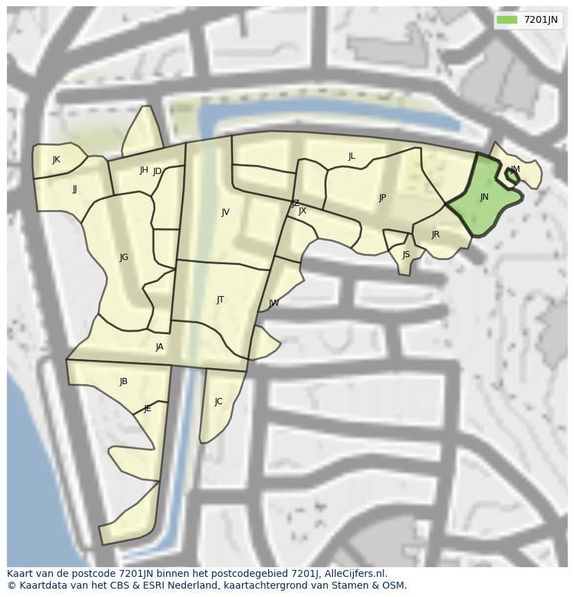 Afbeelding van het postcodegebied 7201 JN op de kaart.