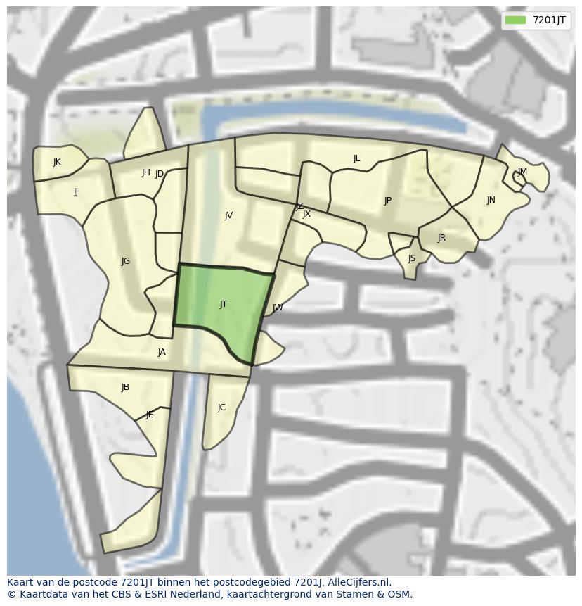 Afbeelding van het postcodegebied 7201 JT op de kaart.