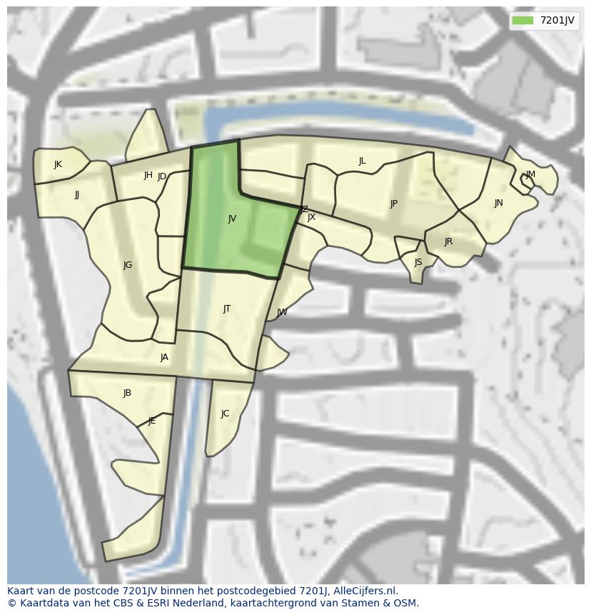 Afbeelding van het postcodegebied 7201 JV op de kaart.