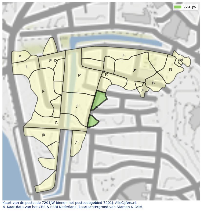 Afbeelding van het postcodegebied 7201 JW op de kaart.