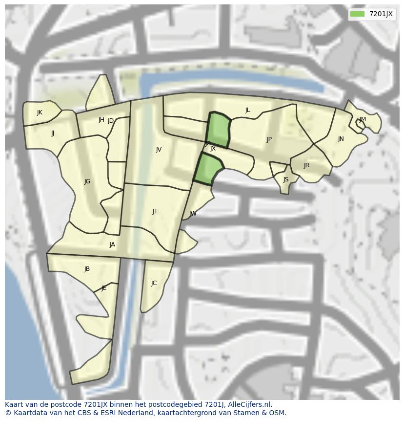 Afbeelding van het postcodegebied 7201 JX op de kaart.