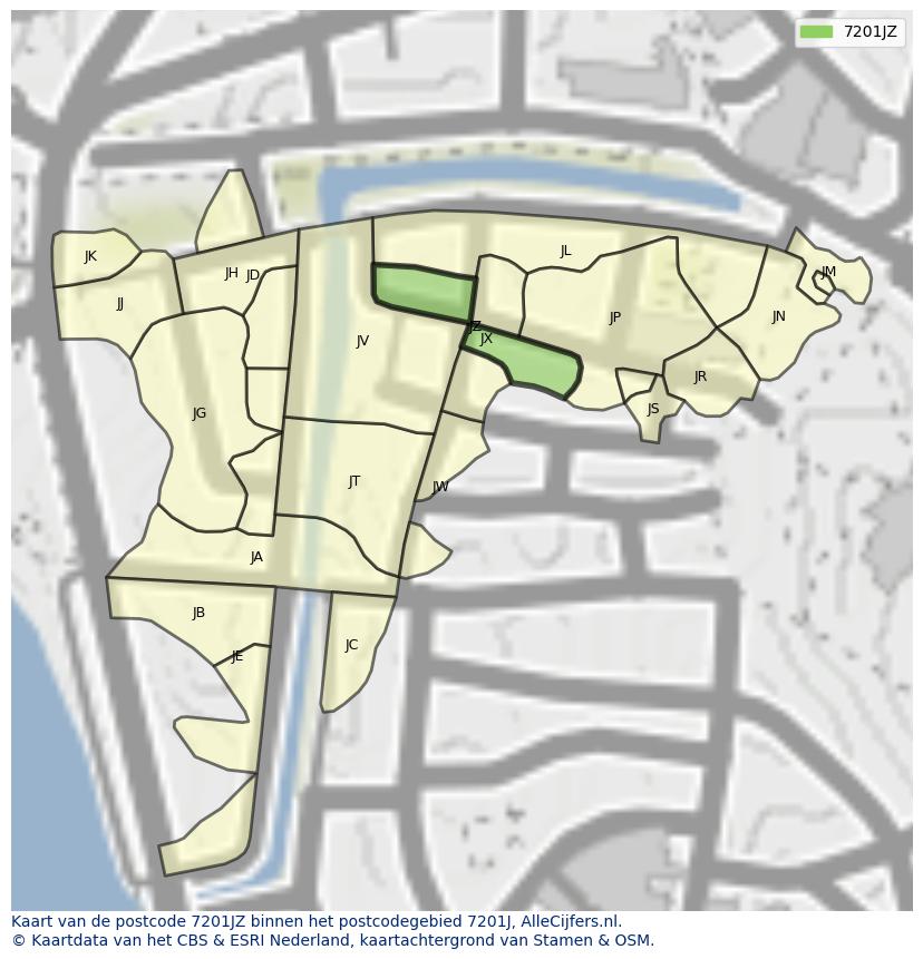 Afbeelding van het postcodegebied 7201 JZ op de kaart.