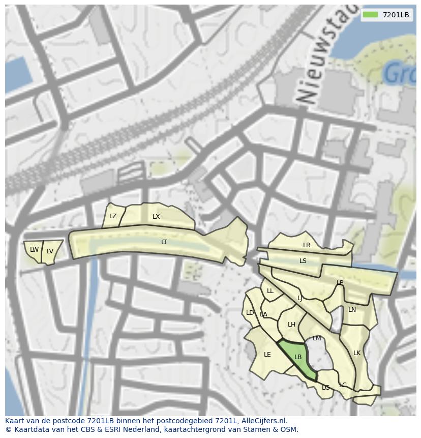 Afbeelding van het postcodegebied 7201 LB op de kaart.