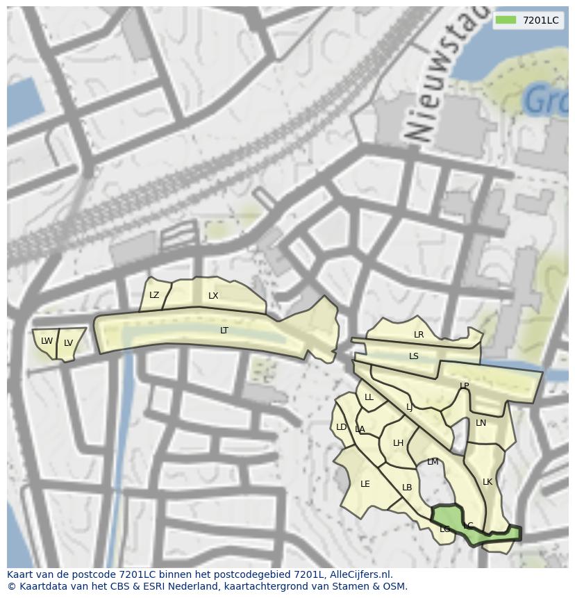 Afbeelding van het postcodegebied 7201 LC op de kaart.