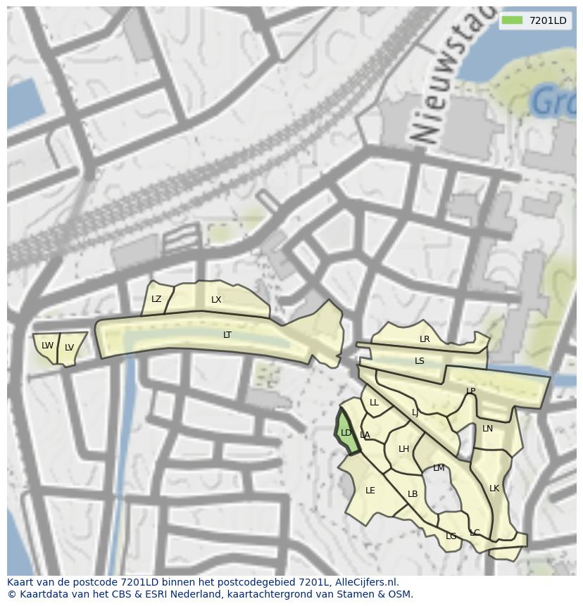 Afbeelding van het postcodegebied 7201 LD op de kaart.