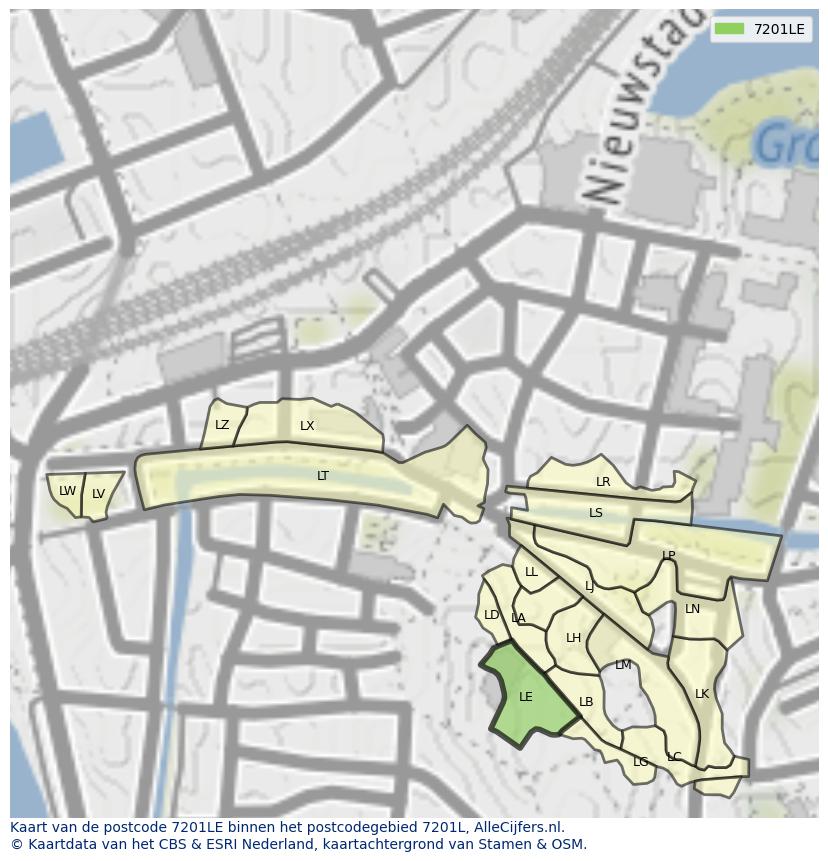 Afbeelding van het postcodegebied 7201 LE op de kaart.
