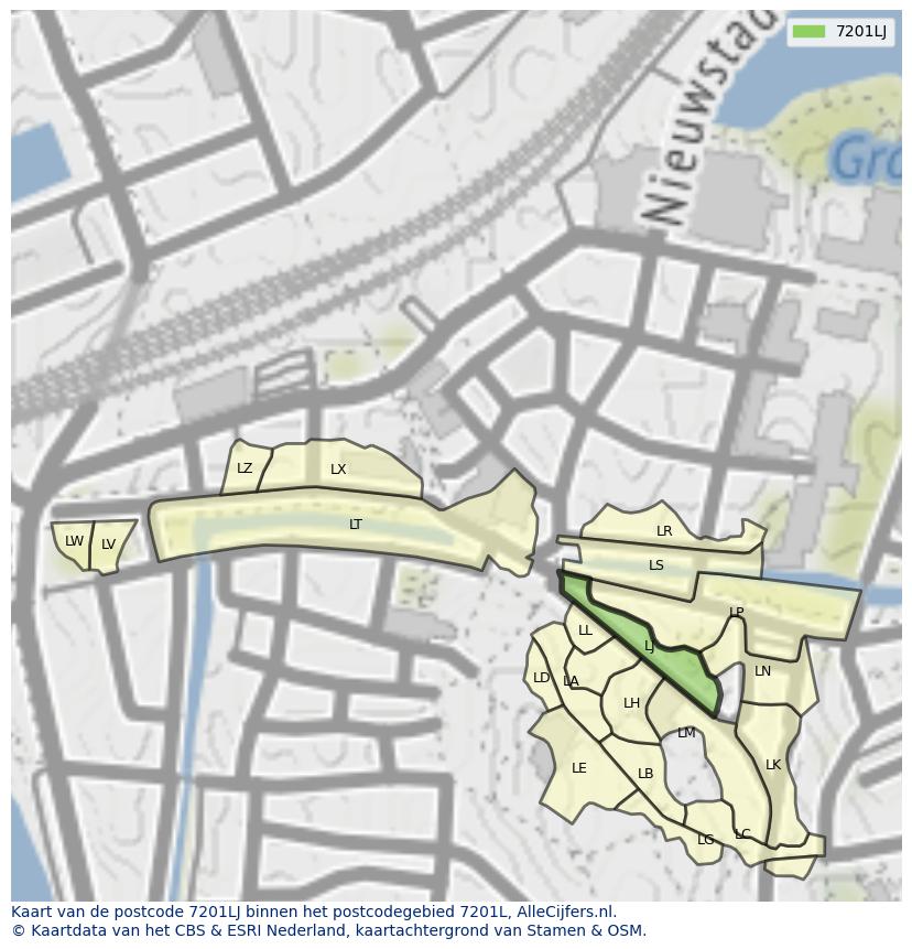 Afbeelding van het postcodegebied 7201 LJ op de kaart.