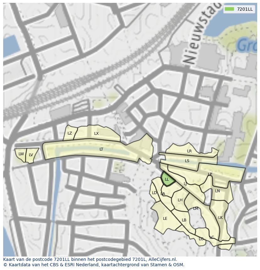 Afbeelding van het postcodegebied 7201 LL op de kaart.