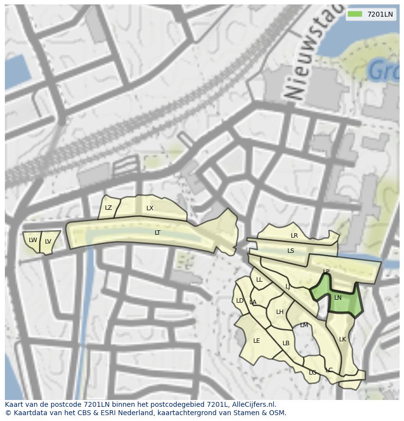 Afbeelding van het postcodegebied 7201 LN op de kaart.