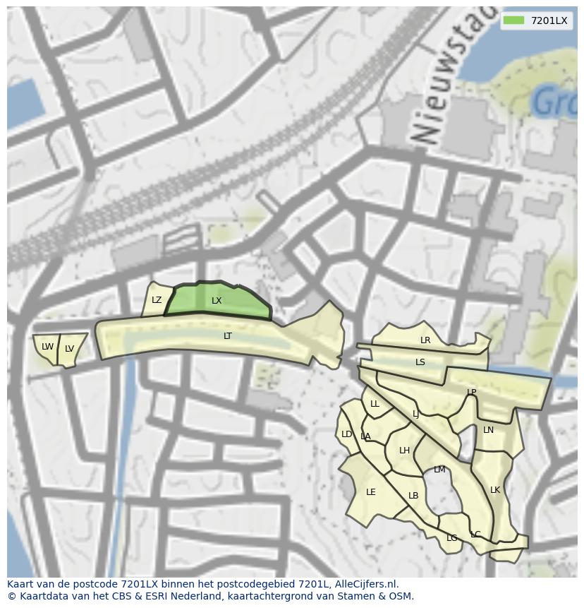 Afbeelding van het postcodegebied 7201 LX op de kaart.