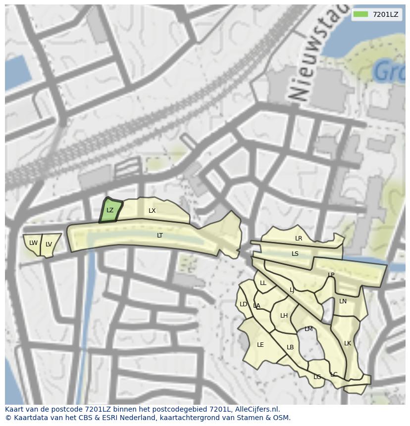 Afbeelding van het postcodegebied 7201 LZ op de kaart.