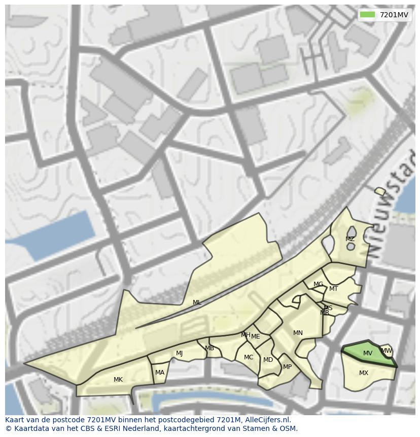 Afbeelding van het postcodegebied 7201 MV op de kaart.