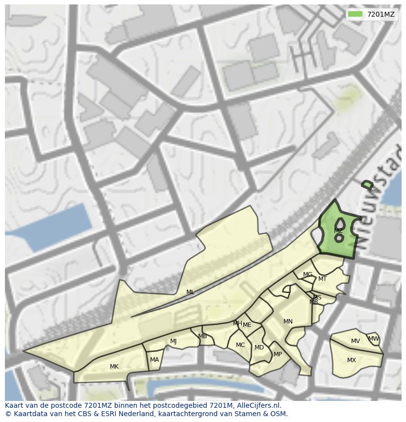 Afbeelding van het postcodegebied 7201 MZ op de kaart.