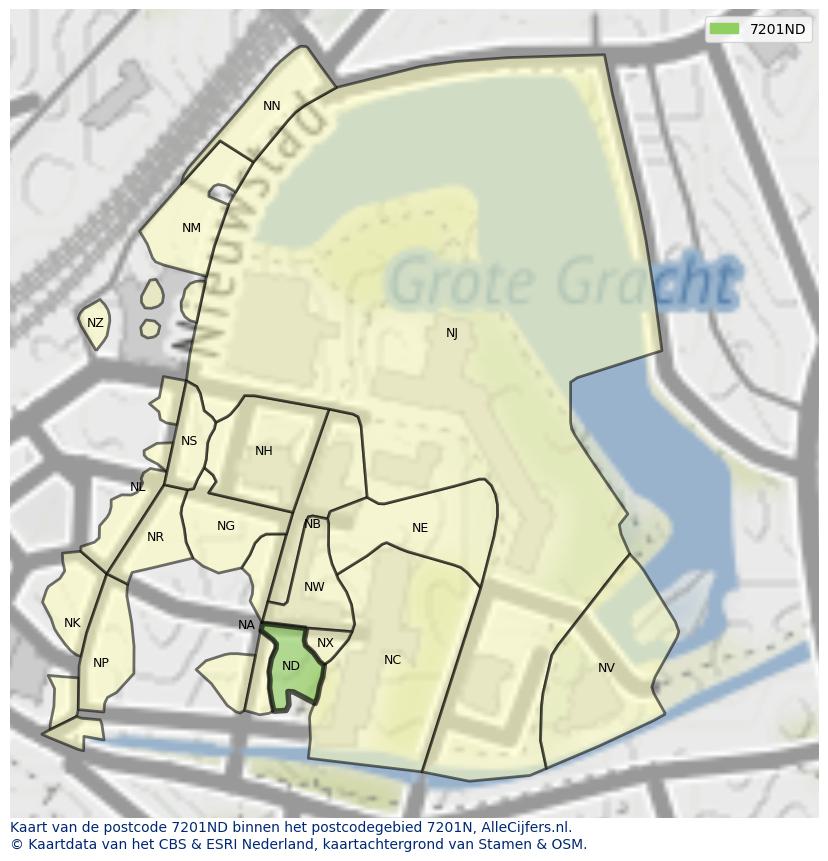 Afbeelding van het postcodegebied 7201 ND op de kaart.