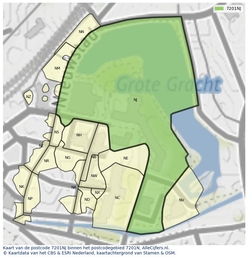 Afbeelding van het postcodegebied 7201 NJ op de kaart.