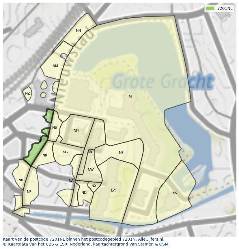 Afbeelding van het postcodegebied 7201 NL op de kaart.