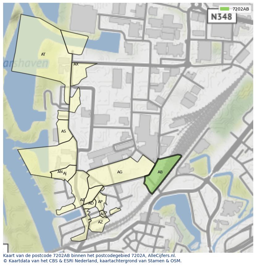 Afbeelding van het postcodegebied 7202 AB op de kaart.